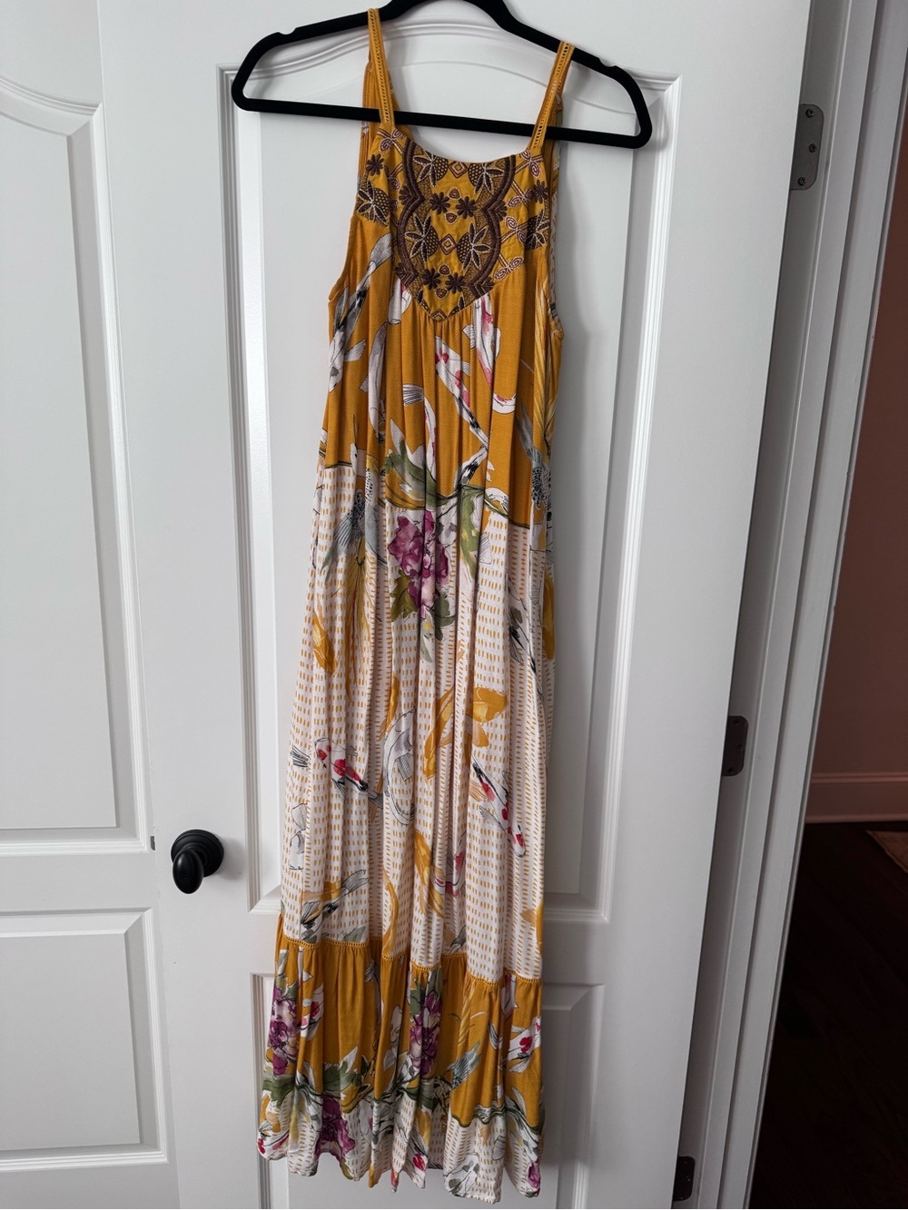 Bohemian Mustard Floral Maxi Dress with Embroidered Yoke